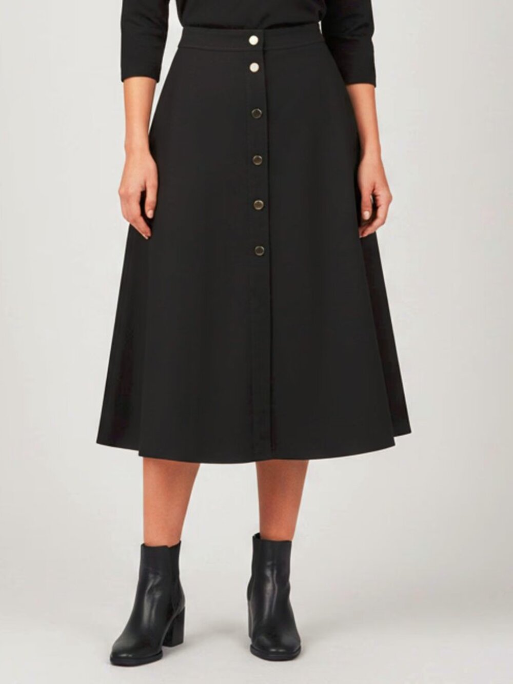 Escada Rosara Black Cotton-Twill Snap-Front A-Line Skirt